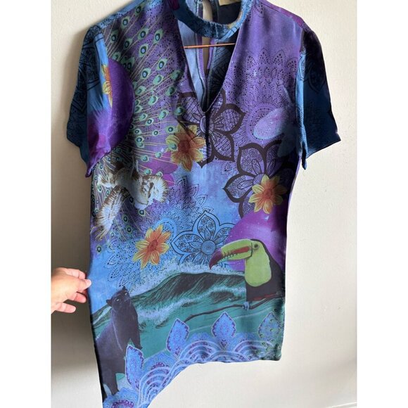 Desigual Womens Short Sleeve Exotic Forest Print Dress Blue Violet Size 38 - Picture 1 of 12